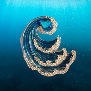 2.5” ocean water wave brooch blue rhinestone beach peacock pin fashion jewelry